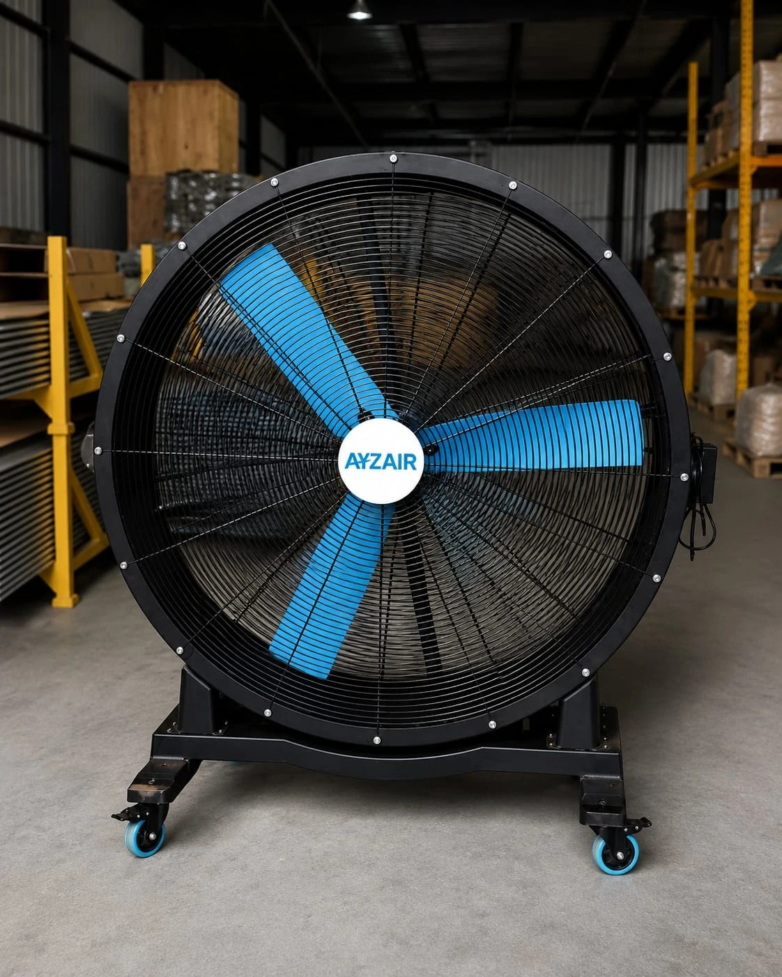 Ayzair Model 1500 mobile industrial fan in use on a warehouse floor