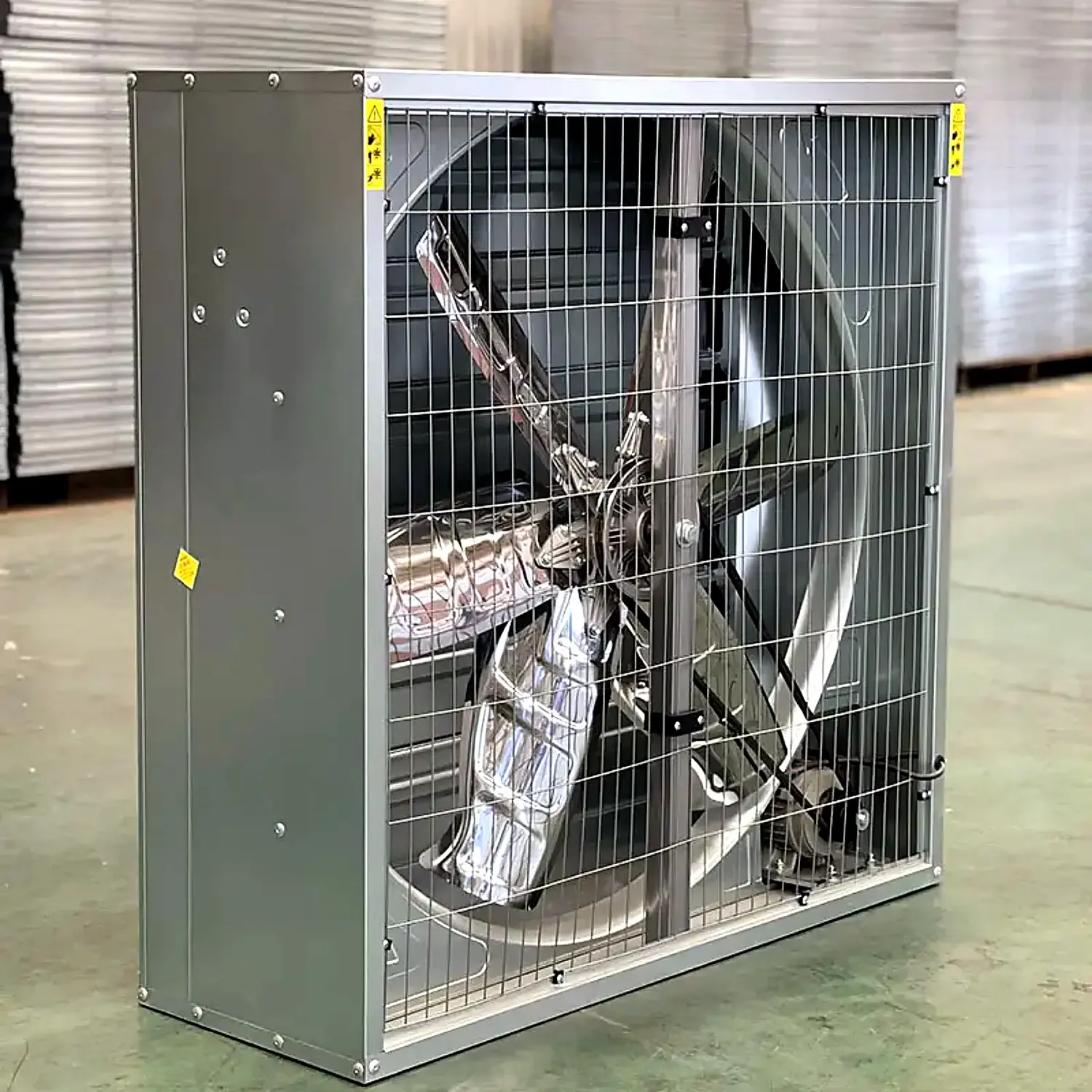Side view of Ayzair Hammer exhaust fan showing galvanized cabinet and belt drive