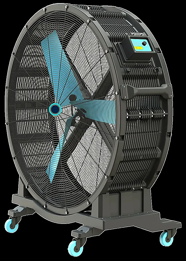 Front view of Ayzair mobile industrial fan with steel safety guard